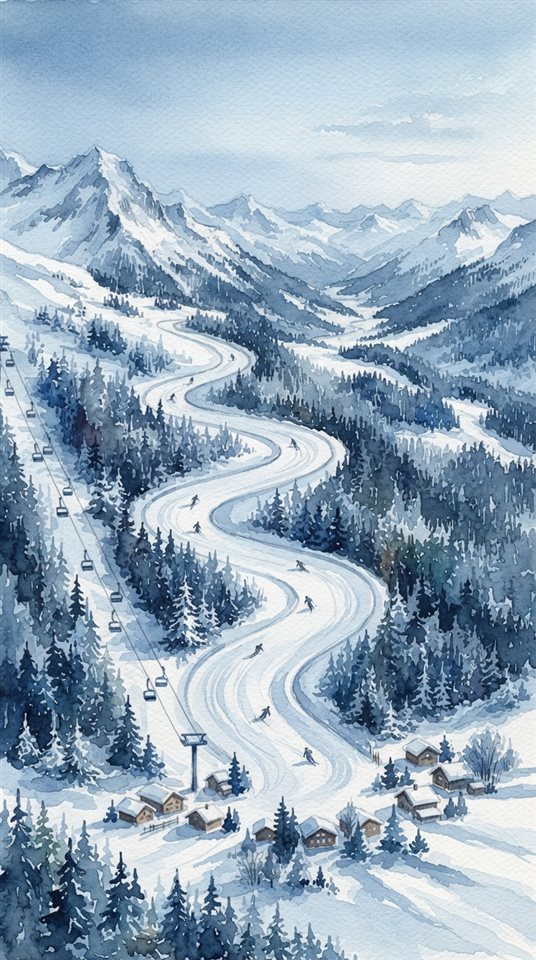 Watercolor illustration of a snowy ski slope, high-angle view from above, cool blue tones, quiet atmosphere, 9:16 aspect ratio