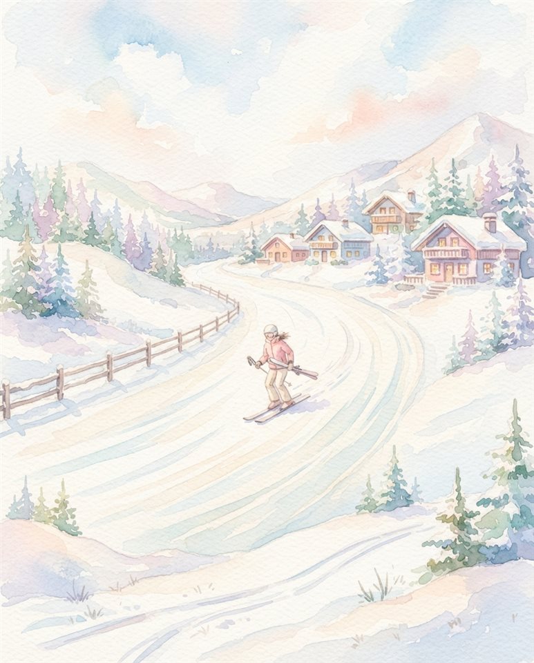 積雪的滑雪場坡道水彩插圖，主體置中且構圖簡單乾淨，柔和粉彩色調，明亮舒適氛圍，4:5比例