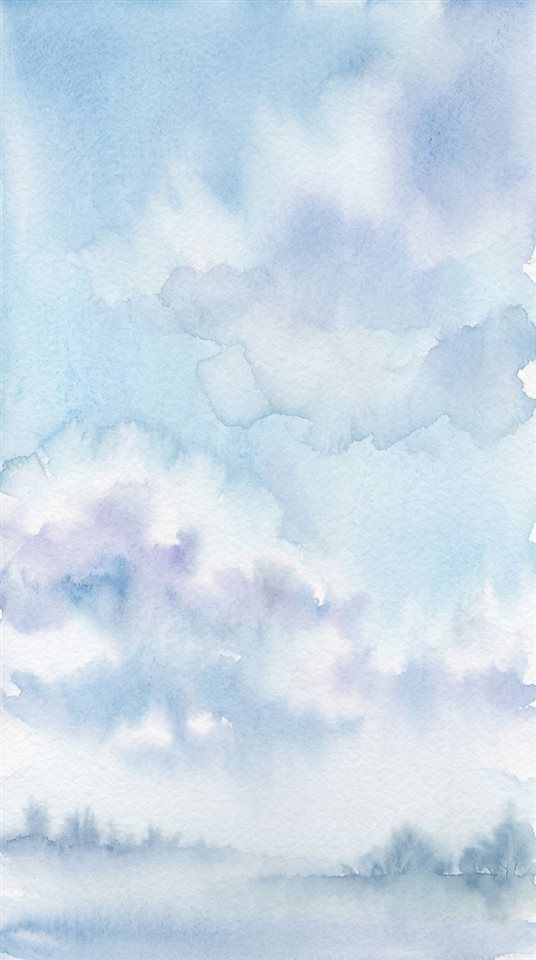 Ilustración en acuarela de un cielo azul con nubes suaves, detalle en primer plano con poca profundidad de campo, neblina matutina, ambiente de ensueño, relación de aspecto 9:16