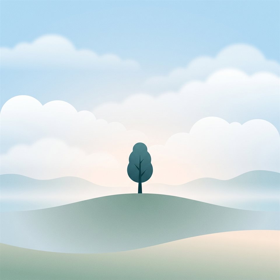 Ilustração plana minimalista de céu azul com nuvens suaves, assunto centralizado com uma composição simples e limpa, névoa matinal, sonhador, proporção 1:1