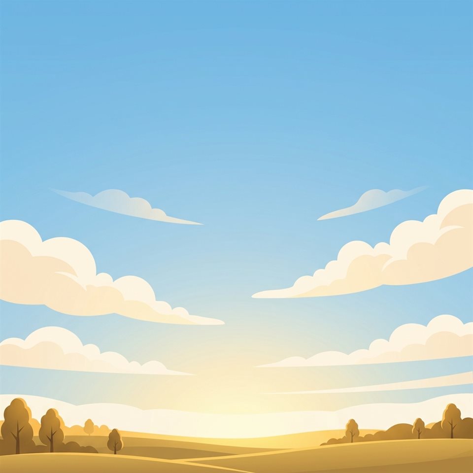 Ilustración plana minimalista de un cielo azul con nubes suaves, plano general con espacio abierto en la parte superior para texto, luz dorada cálida, ambiente tranquilo, relación de aspecto 1:1