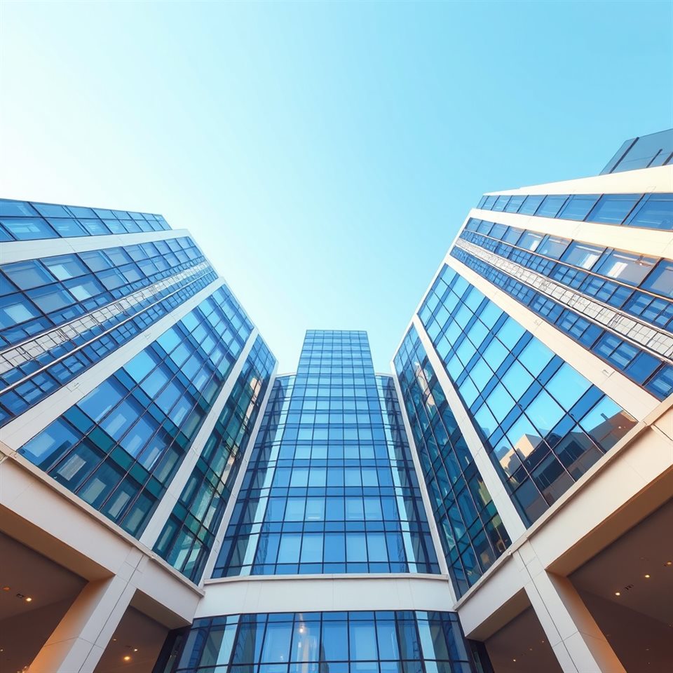Minimal flat illustration of Looking straight up at modern glass skyscrapers piercing a bright blue sky., wide shot with open space at the top for text, soft pastel colors, bright and cozy, 1:1 aspect ratio