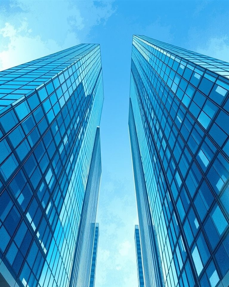 Watercolor illustration of Looking straight up at modern glass skyscrapers piercing a bright blue sky., high-angle view from above, cool blue tones, quiet atmosphere, 4:5 aspect ratio