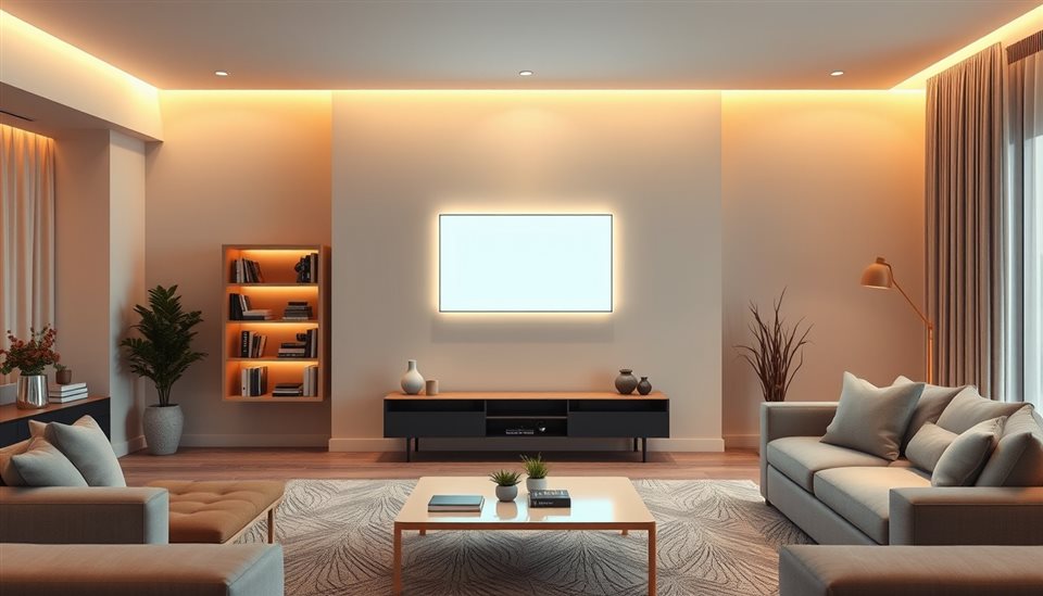 Photorealistic photo of A modern minimalist living room with a glowing futuristic smart control panel on the wall, centered subject with a simple uncluttered composition, warm golden light, calm mood, 16:9 aspect ratio