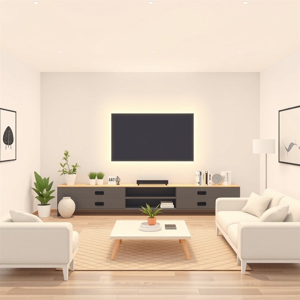 Minimal flat illustration of A modern minimalist living room with a glowing futuristic smart control panel on the wall, wide shot with open space at the top for text, soft pastel colors, bright and cozy, 1:1 aspect ratio