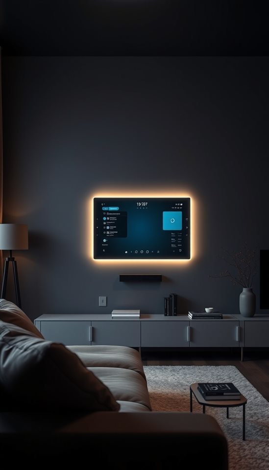 Photorealistic photo of A modern minimalist living room with a glowing futuristic smart control panel on the wall, close-up detail with shallow depth of field, moody dark tones, dramatic lighting, 9:16 aspect ratio