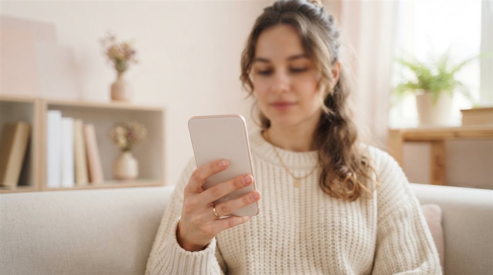 Photorealistic photo of smartphone in hand, wide shot with open space at the top for text, soft pastel colors, bright and cozy, 16:9 aspect ratio