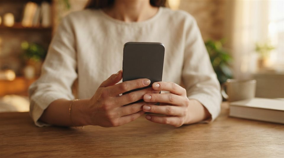 Photorealistic photo of smartphone in hand, centered subject with a simple uncluttered composition, warm golden light, calm mood, 16:9 aspect ratio