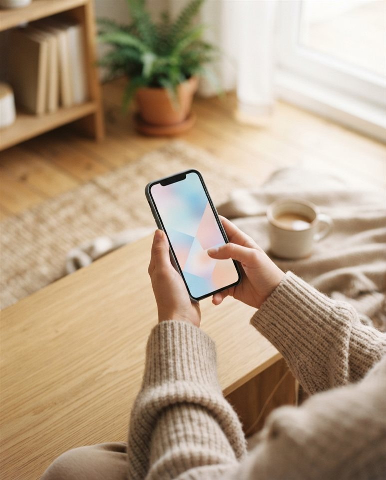 Cinematic film still of smartphone in hand, high-angle view from above, soft pastel colors, bright and cozy, 4:5 aspect ratio