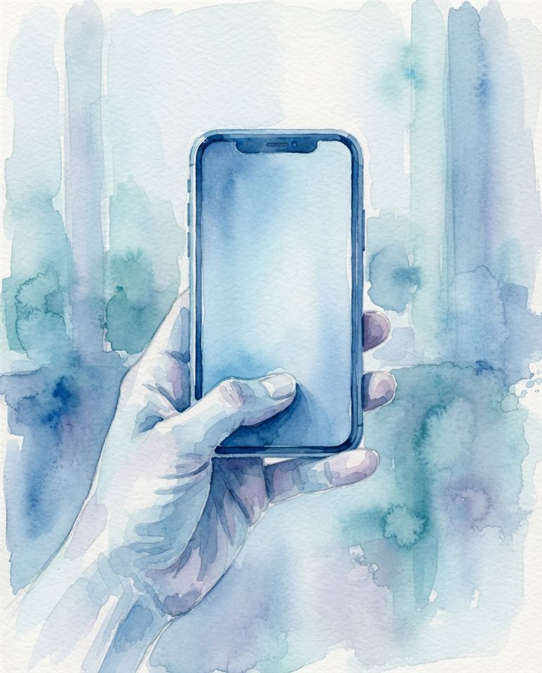 Watercolor illustration of smartphone in hand, centered subject with a simple uncluttered composition, cool blue tones, quiet atmosphere, 4:5 aspect ratio