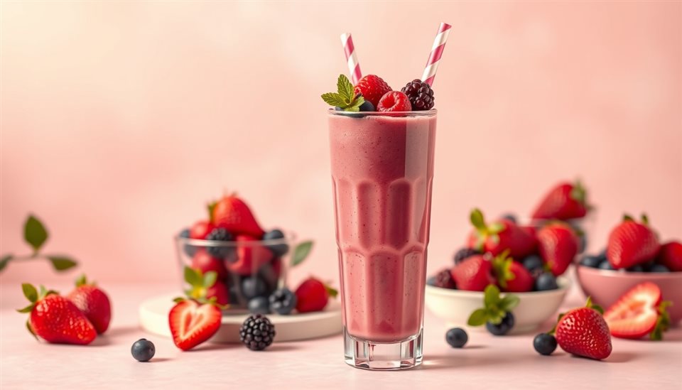Photorealistic photo of A tall glass of vibrant pink berry smoothie topped with fresh berries and a straw, set against a pastel backdrop., wide shot with open space at the top for text, warm golden light, calm mood, 16:9 aspect ratio