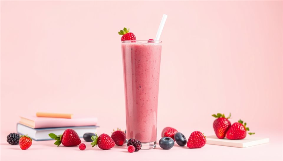 Minimal flat illustration of A tall glass of vibrant pink berry smoothie topped with fresh berries and a straw, set against a pastel backdrop., wide shot with open space at the top for text, soft pastel colors, bright and cozy, 16:9 aspect ratio