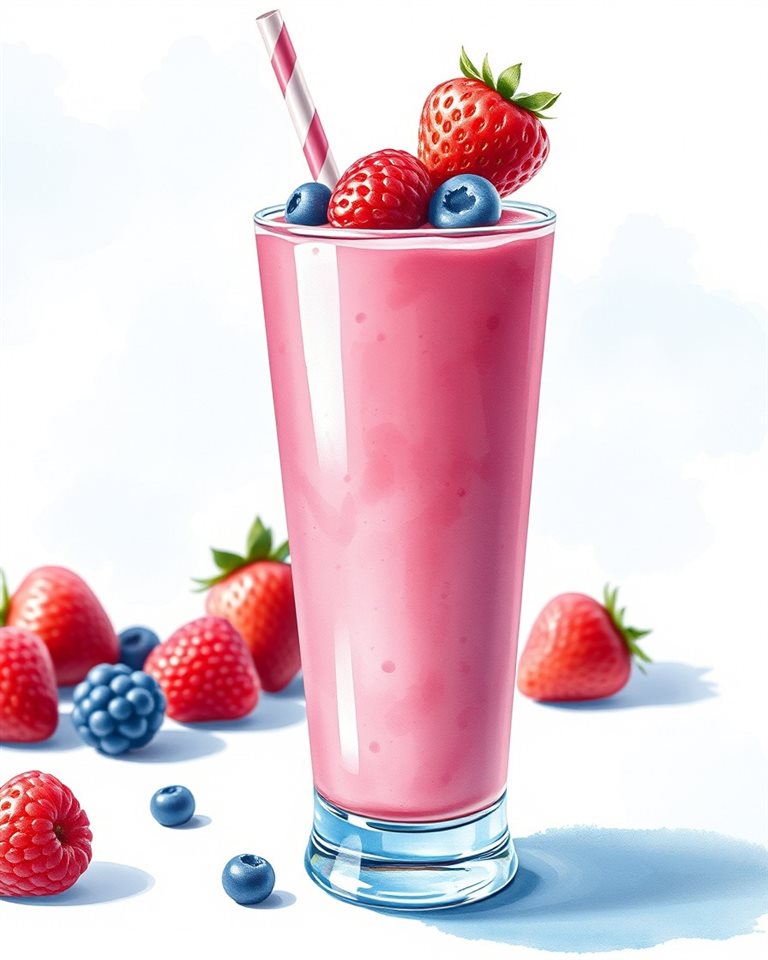Watercolor illustration of A tall glass of vibrant pink berry smoothie topped with fresh berries and a straw, set against a pastel backdrop., close-up detail with shallow depth of field, cool blue tones, quiet atmosphere, 4:5 aspect ratio