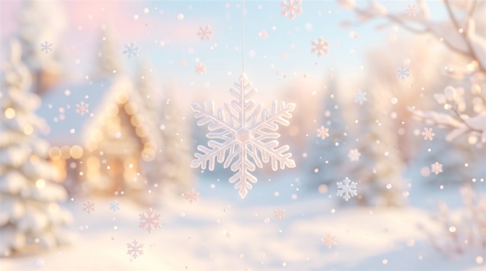 舞い散る雪の柔らかな3Dレンダリング、シンプルなすっきりとした構図の中心に配置された被写体、柔らかなパステルカラー、明るく居心地の良い雰囲気、16:9アスペクト比