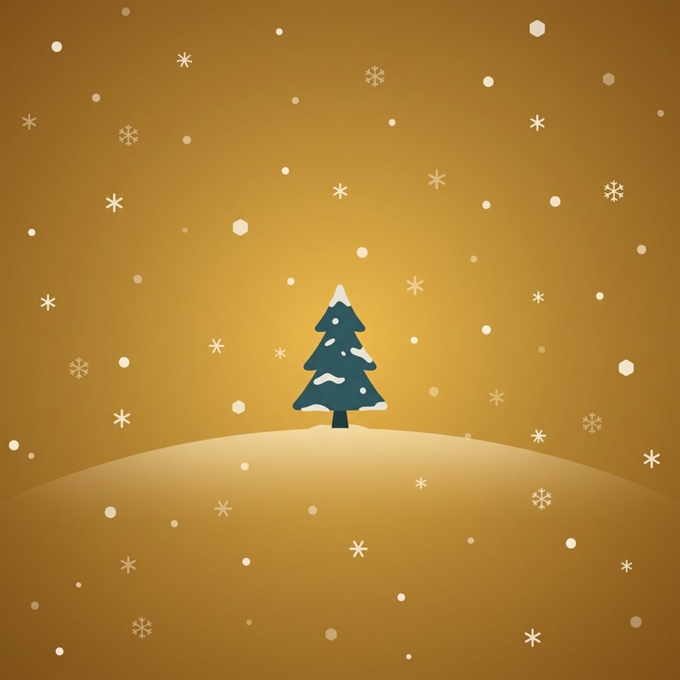 飄落雪花的極簡扁平插畫，置中主體搭配簡單整潔的構圖，溫暖金黃光線，平靜的氛圍，1:1比例