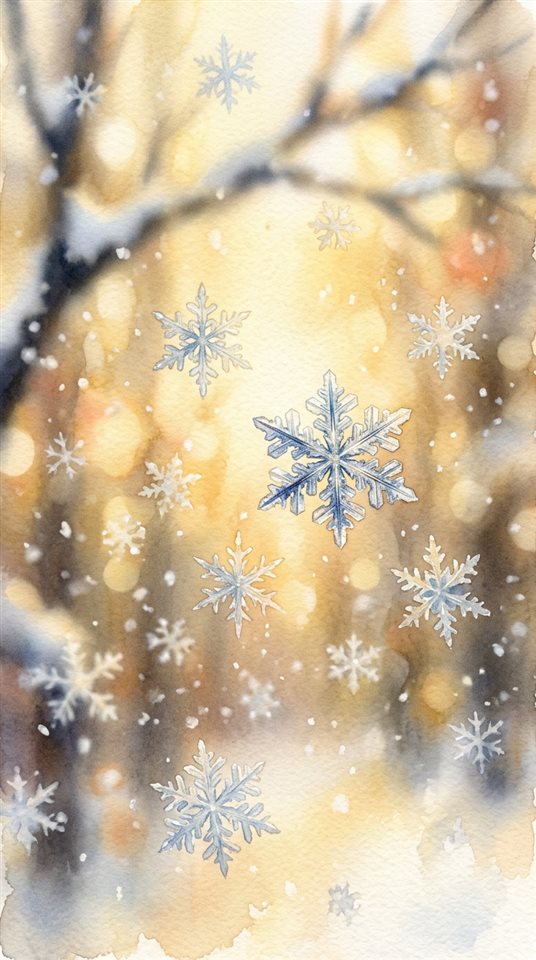 飄落雪花的水彩插畫，特寫細節搭配淺景深，溫暖金黃光線，平靜的氛圍，9:16比例
