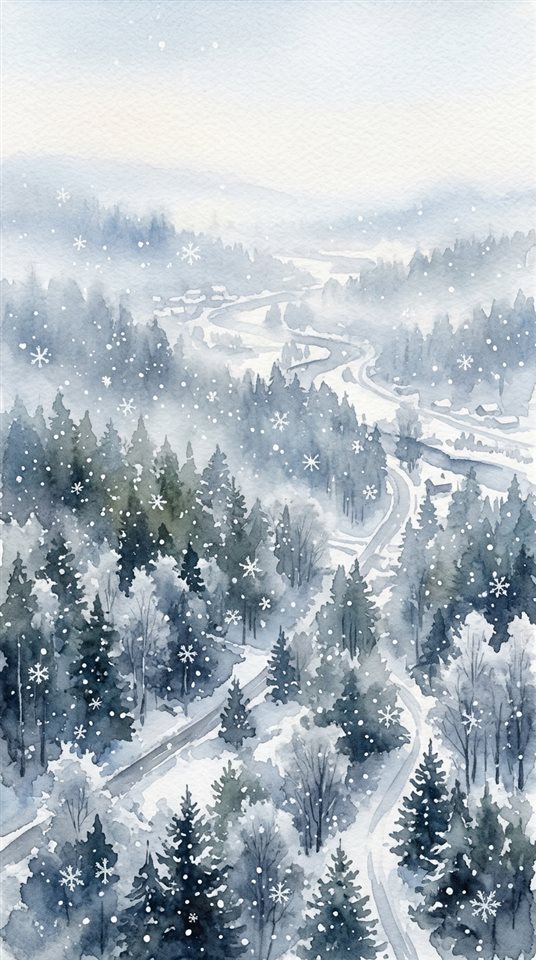 Ilustración en acuarela de copos de nieve cayendo, vista de ángulo picado desde arriba, neblina matutina, atmósfera de ensoñación, relación de aspecto 9:16
