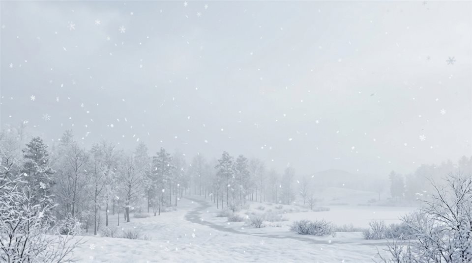舞い散る雪の結晶の柔らかな3Dレンダリング、上部にテキスト用の余白があるワイドショット、朝の霧のかすみ、夢幻的な雰囲気、16:9 アスペクト比