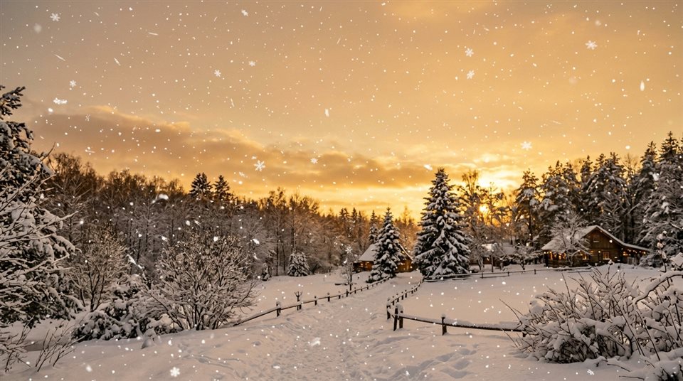 Foto fotorrealista de flocos de neve caindo, tomada ampla com espaço livre na parte superior para texto, luz dourada quente, clima calmo, proporção 16:9