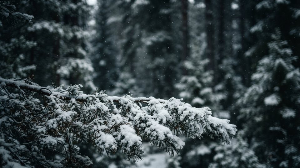 Photorealistic photo of A close-up of a pine branch heavily covered in fresh white snow against a softly blurred winter forest background, eye-level view, plenty of empty space on top for text or UI elements, clean and cozy winter atmosphere, 16:9 aspect ratio, wide shot with open space at the top for text, moody dark tones, dramatic lighting, 16:9 aspect ratio