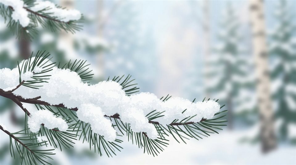 Minimal flat illustration of A close-up of a pine branch heavily covered in fresh white snow against a softly blurred winter forest background, eye-level view, plenty of empty space on top for text or UI elements, clean and cozy winter atmosphere, 16:9 aspect ratio, close-up detail with shallow depth of field, soft pastel colors, bright and cozy, 16:9 aspect ratio