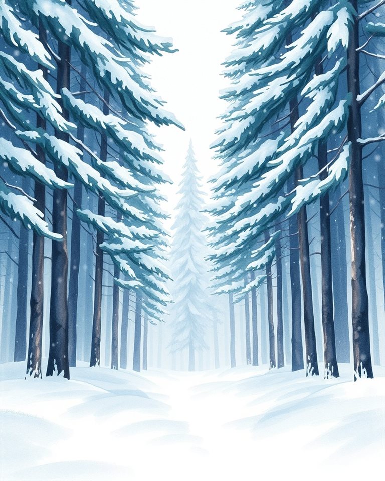 Watercolor illustration of A quiet pine forest covered in fresh white snow during a gentle snowfall, close-up detail with shallow depth of field, cool blue tones, quiet atmosphere, 4:5 aspect ratio