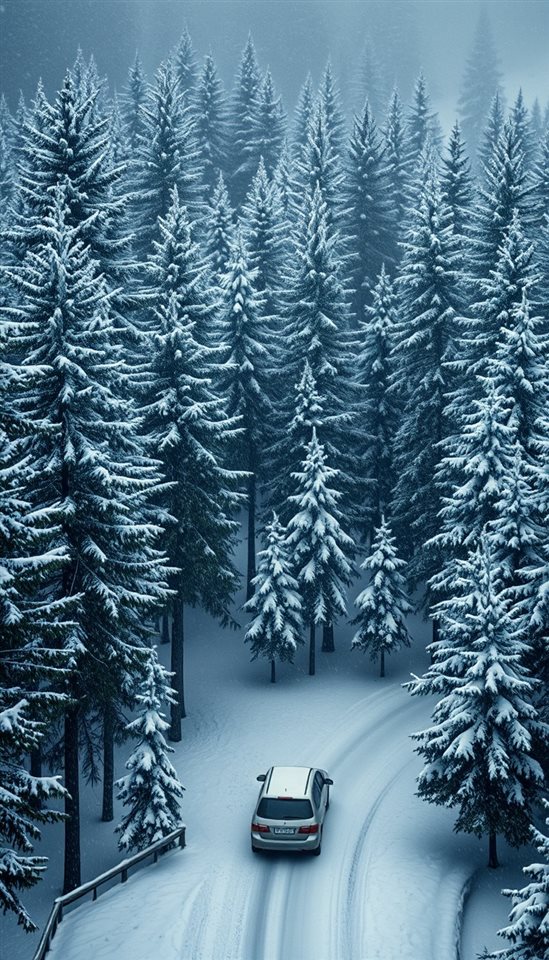 Photorealistic photo of A quiet pine forest covered in fresh white snow during a gentle snowfall, high-angle view from above, moody dark tones, dramatic lighting, 9:16 aspect ratio