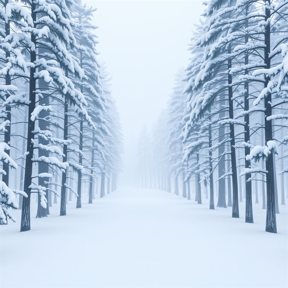 Soft 3D render of A quiet pine forest covered in fresh white snow during a gentle snowfall, centered subject with a simple uncluttered composition, misty morning haze, dreamy, 1:1 aspect ratio