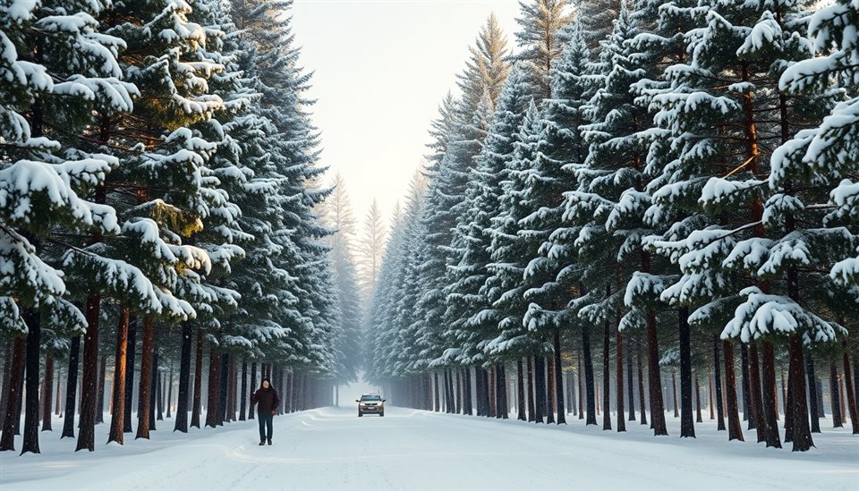Photorealistic photo of A quiet pine forest covered in fresh white snow during a gentle snowfall, wide shot with open space at the top for text, warm golden light, calm mood, 16:9 aspect ratio