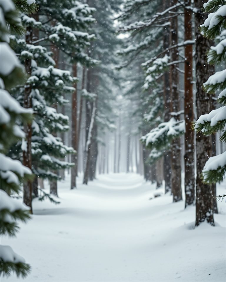 Cinematic film still of A quiet pine forest covered in fresh white snow during a gentle snowfall, close-up detail with shallow depth of field, vivid colors, high contrast, energetic, 4:5 aspect ratio
