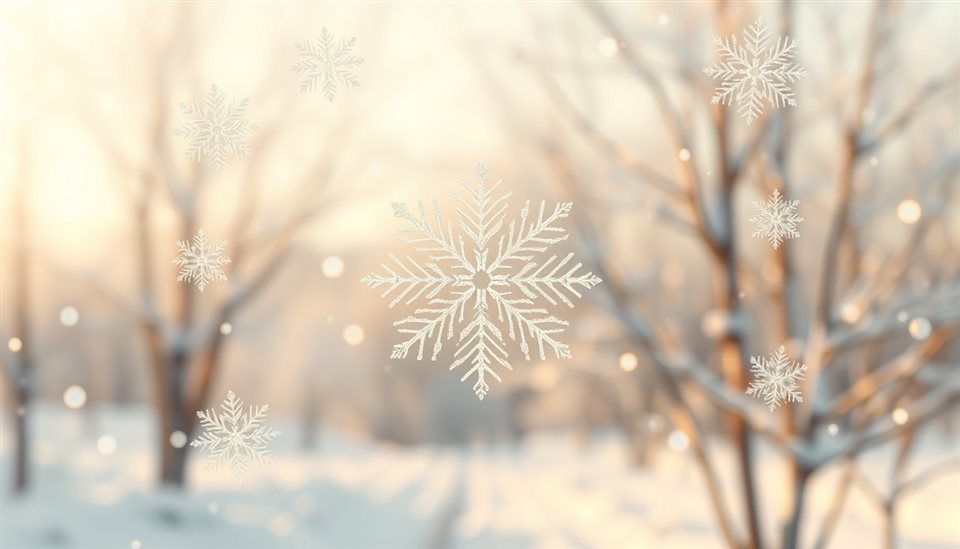 Photorealistic photo of Intricate detailed white snowflakes falling gently against a soft out-of-focus winter background, centered subject with a simple uncluttered composition, warm golden light, calm mood, 16:9 aspect ratio