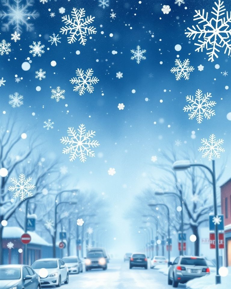 Watercolor illustration of Intricate detailed white snowflakes falling gently against a soft out-of-focus winter background, high-angle view from above, cool blue tones, quiet atmosphere, 4:5 aspect ratio