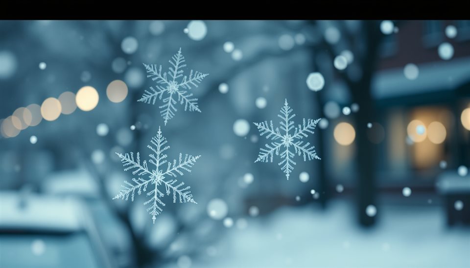 Cinematic film still of Intricate detailed white snowflakes falling gently against a soft out-of-focus winter background, close-up detail with shallow depth of field, vivid colors, high contrast, energetic, 16:9 aspect ratio