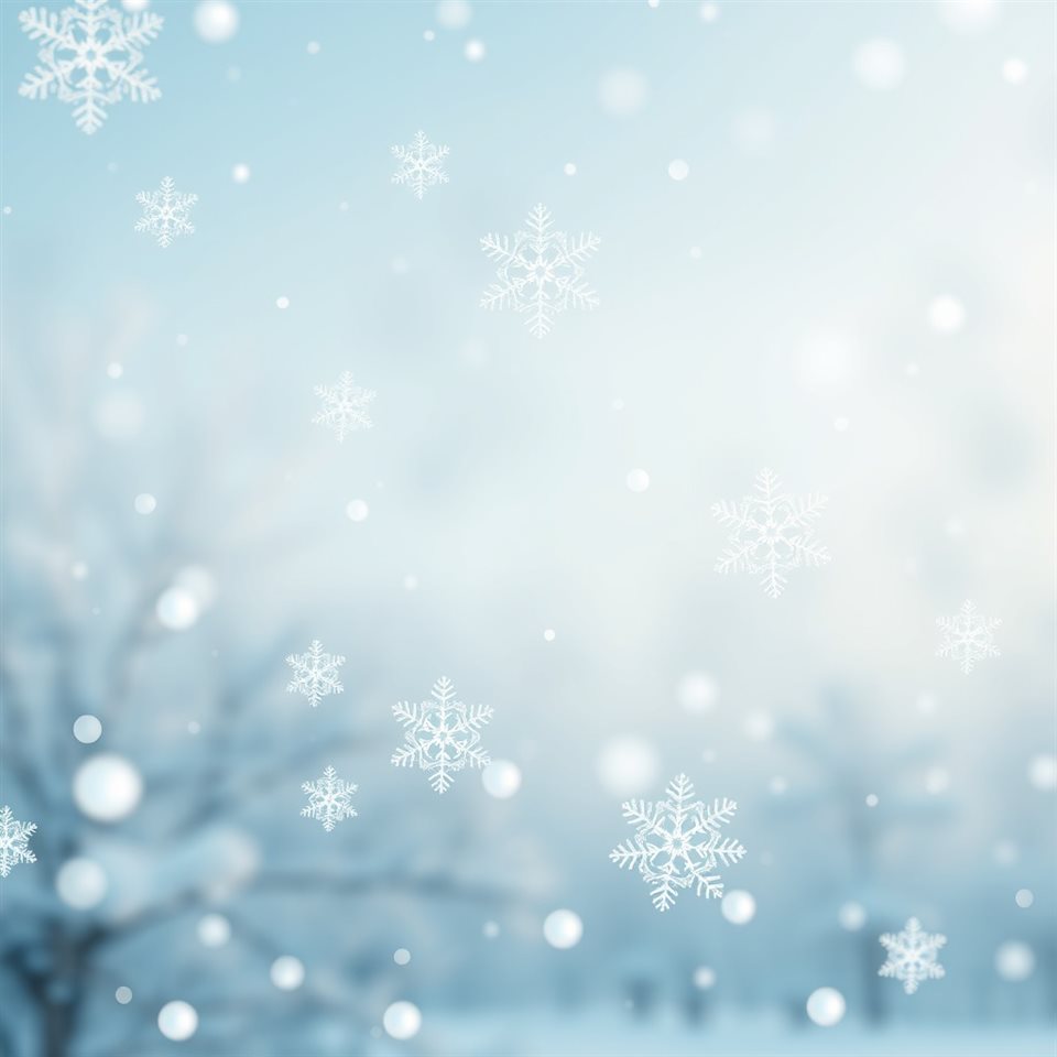 Soft 3D render of Intricate detailed white snowflakes falling gently against a soft out-of-focus winter background, wide shot with open space at the top for text, misty morning haze, dreamy, 1:1 aspect ratio