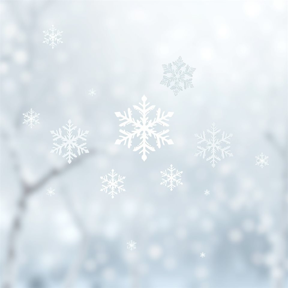 Minimal flat illustration of Intricate detailed white snowflakes falling gently against a soft out-of-focus winter background, wide shot with open space at the top for text, soft pastel colors, bright and cozy, 1:1 aspect ratio