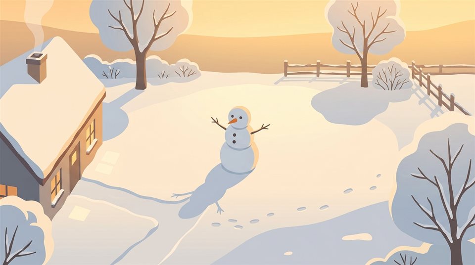積雪庭院中雪人的極簡扁平插畫，由上而下的高角度俯瞰視角，溫暖金光，平靜氛圍，16:9比例