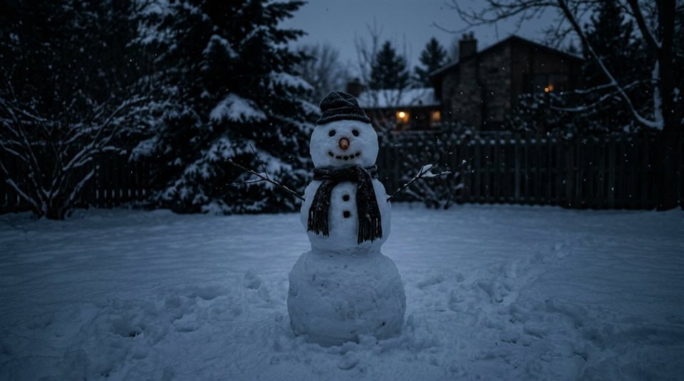 雪の積もった庭の雪だるま、シンプルですっきりとした構図の中央に配置された被写体、ムーディーなダークトーン、ドラマチックな照明のフォトリアルな写真、16:9アスペクト比