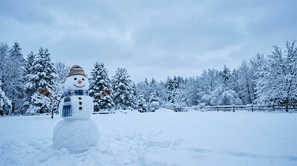 Fotografía fotorrealista de un muñeco de nieve en un patio nevado, plano general con espacio abierto en la parte superior para texto, tonos azules fríos, atmósfera tranquila, relación de aspecto 16:9