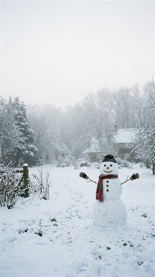Cena de filme cinematográfico de boneco de neve em um quintal coberto de neve, tomada ampla com espaço aberto na parte superior para texto, névoa matinal nebulosa, sonhador, proporção 9:16