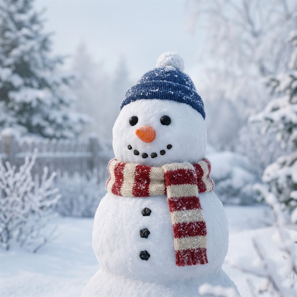積雪庭院中雪人的柔和3D渲染，特寫細節搭配淺景深，晨間薄霧，夢幻氛圍，1:1比例