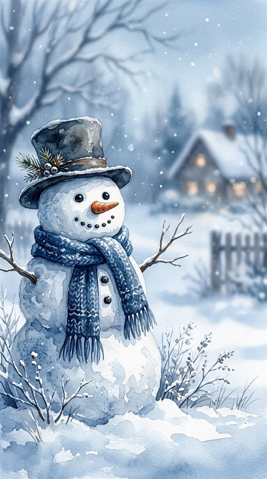 積雪庭院中雪人的水彩插畫，特寫細節搭配淺景深，冷藍色調，寧靜氣氛，9:16比例