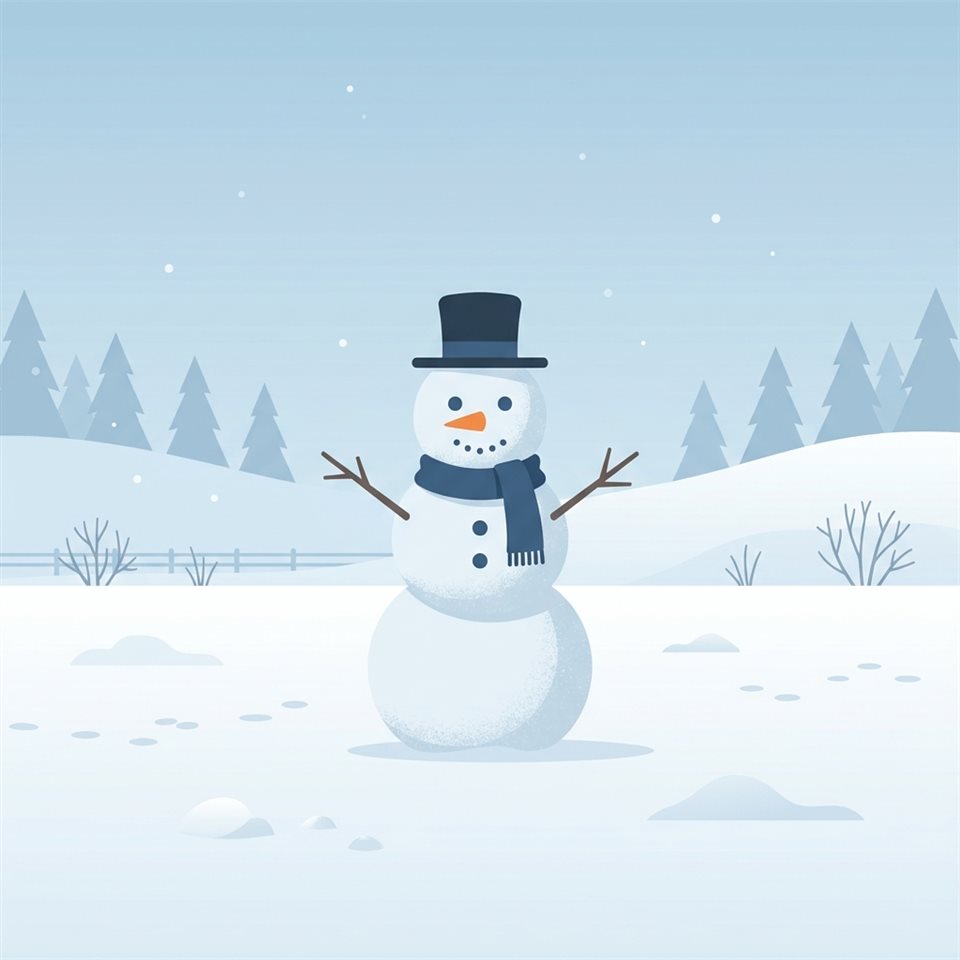 積雪庭院中雪人的極簡扁平插畫，主體置中且構圖簡單乾淨，冷藍色調，寧靜氣氛，1:1比例