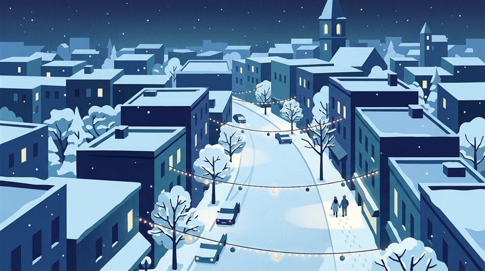 Ilustração plana minimalista de uma rua da cidade coberta de neve com luzes festivas, visão de cima para baixo, tons frios de azul, atmosfera tranquila, proporção 16:9
