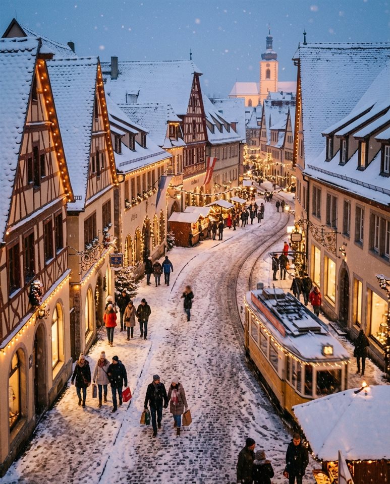 Fotograma de película cinematográfica de una calle nevada de la ciudad con luces festivas, vista de ángulo picado desde arriba, colores pasteles suaves, brillante y acogedor, relación de aspecto 4:5