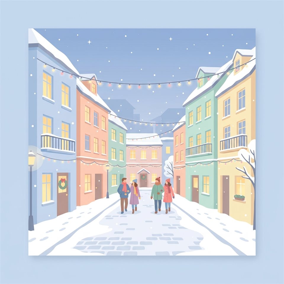 休日のイルミネーションが輝く雪の降る街路のミニマルなフラットイラスト、すっきりとシンプルな構図の中央に配置された被写体、柔らかなパステルカラー、明るく居心地の良い雰囲気、1:1のアスペクト比