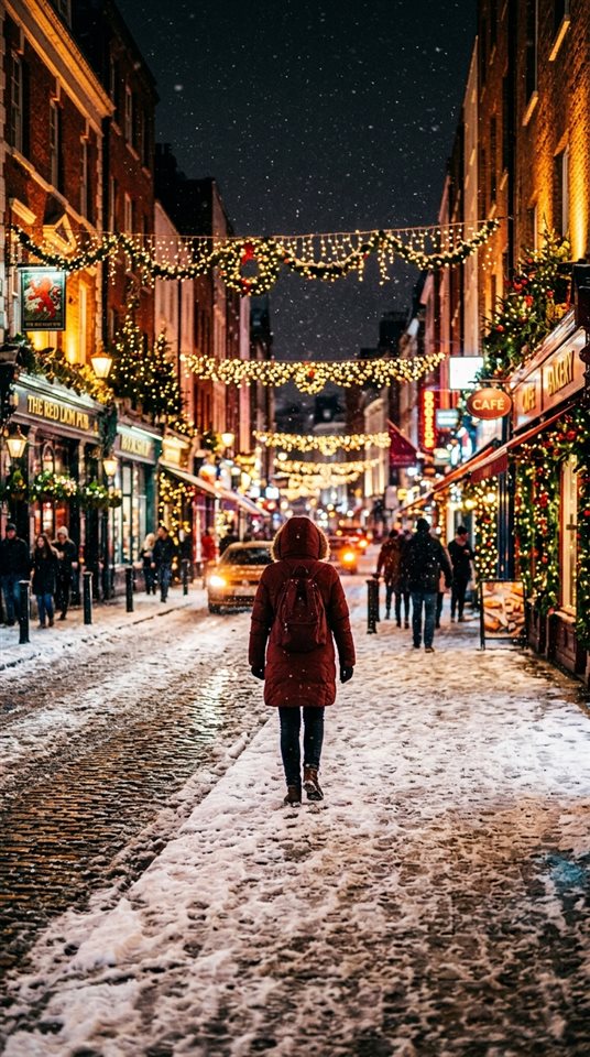 Cena de filme cinematográfica de uma rua da cidade coberta de neve com luzes festivas, assunto centralizado com uma composição simples e limpa, cores vivas, alto contraste, enérgico, proporção 9:16