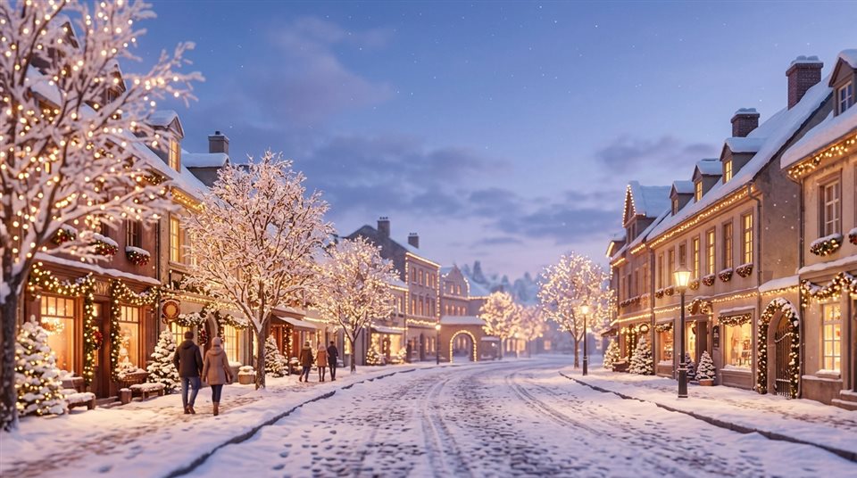 Renderizado 3D suave de una calle nevada de la ciudad con luces festivas, plano general con espacio abierto en la parte superior para texto, cálida luz dorada, ambiente tranquilo, relación de aspecto 16:9