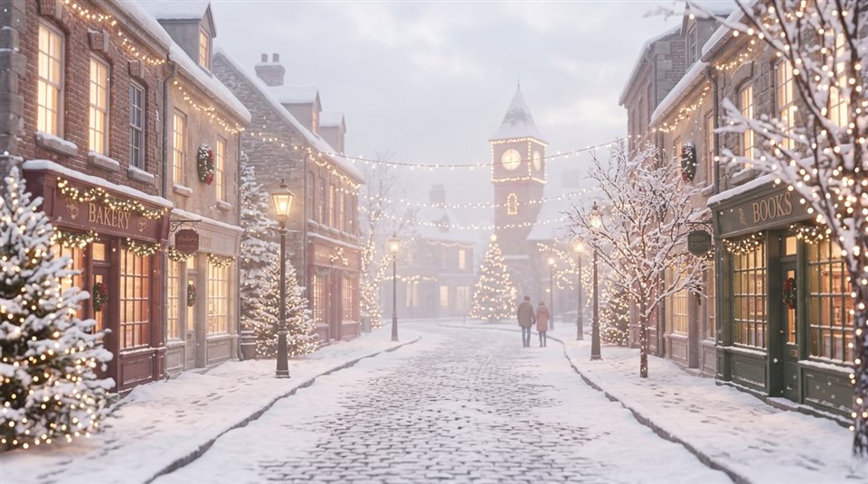 Renderização 3D suave de uma rua da cidade coberta de neve com luzes festivas, assunto centralizado com uma composição simples e limpa, névoa matinal, sonhado, proporção 16:9