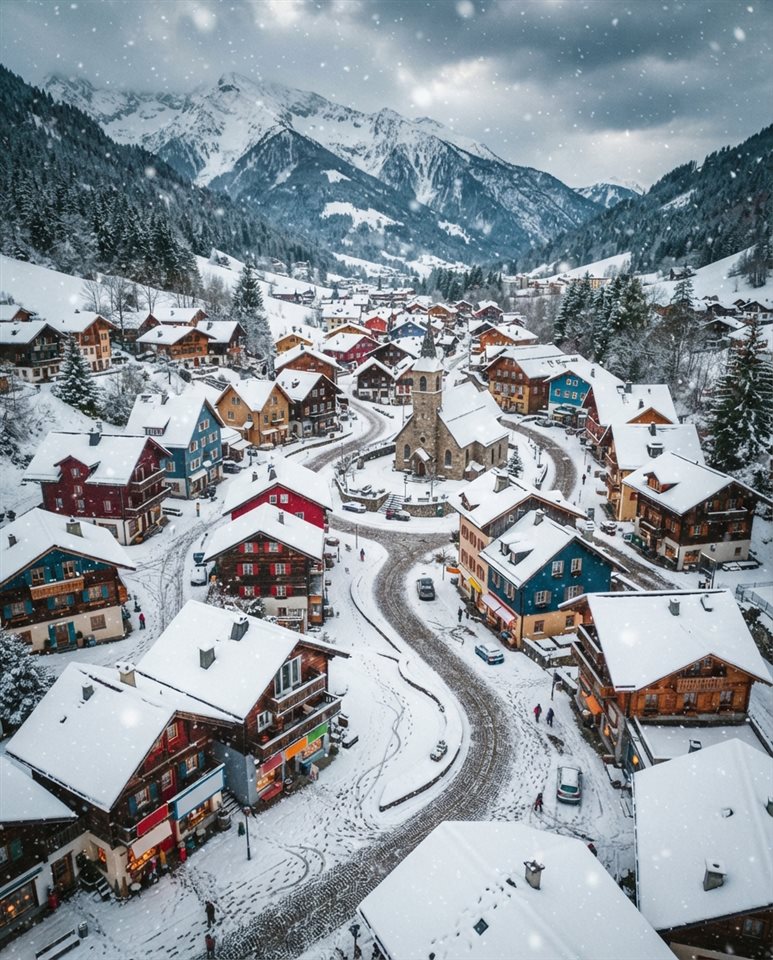 Cinematic film still of a cozy small village covered in fresh white snow during a gentle snowfall, high-angle view from above, vivid colors, high contrast, energetic, 4:5 aspect ratio