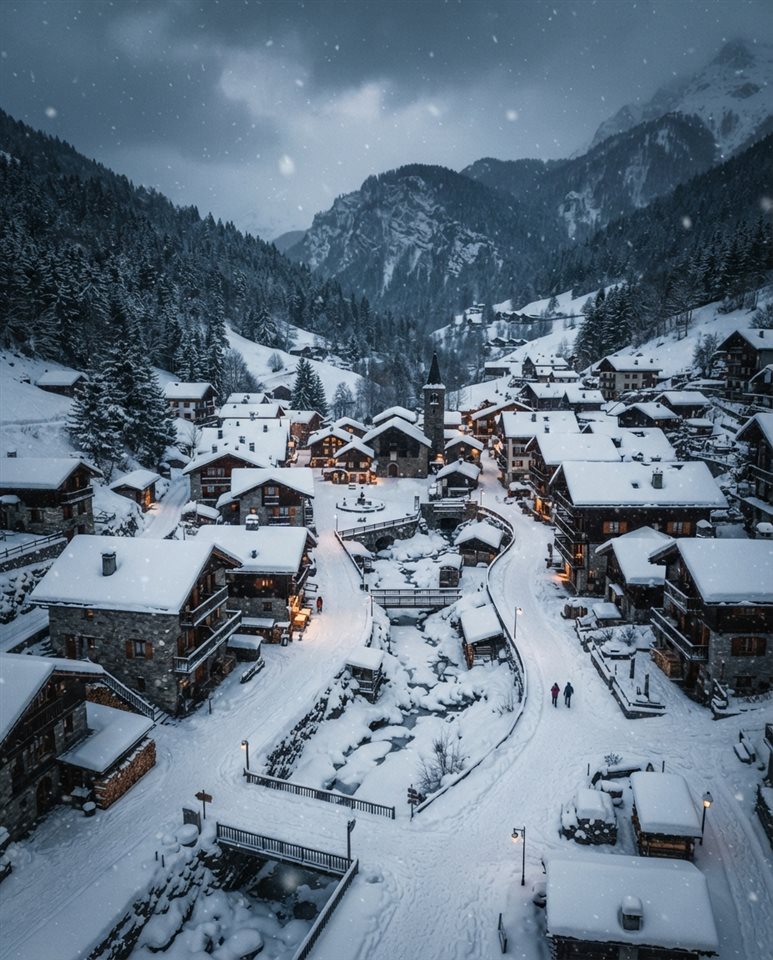 Photorealistic photo of a cozy small village covered in fresh white snow during a gentle snowfall, high-angle view from above, moody dark tones, dramatic lighting, 4:5 aspect ratio